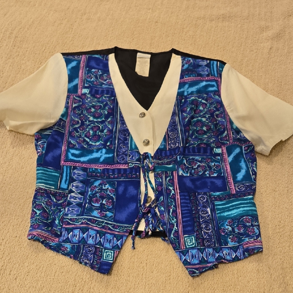 Ship 'N Shore Vintage Blue and Cream Blouse
